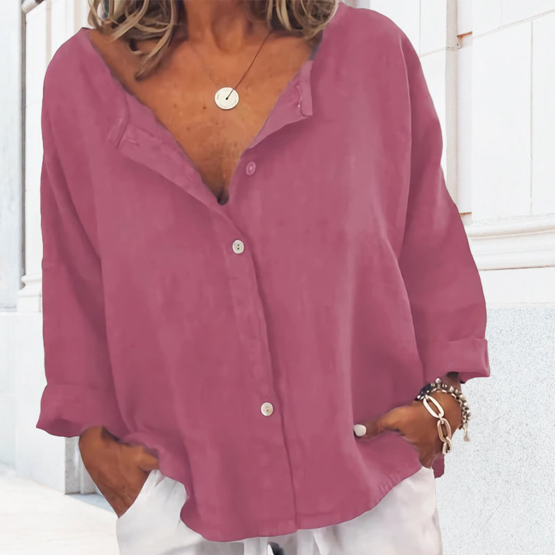 Plain Button Casual V-Neck Shirt