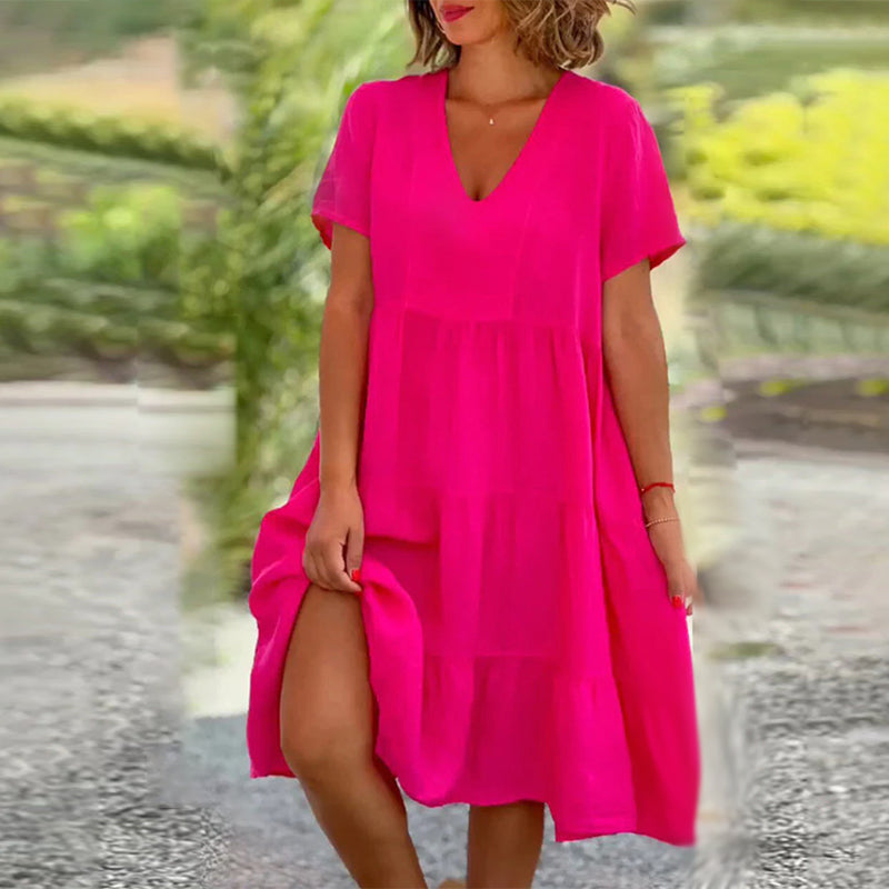 Plain Dress in Cotton Linen with V-neck