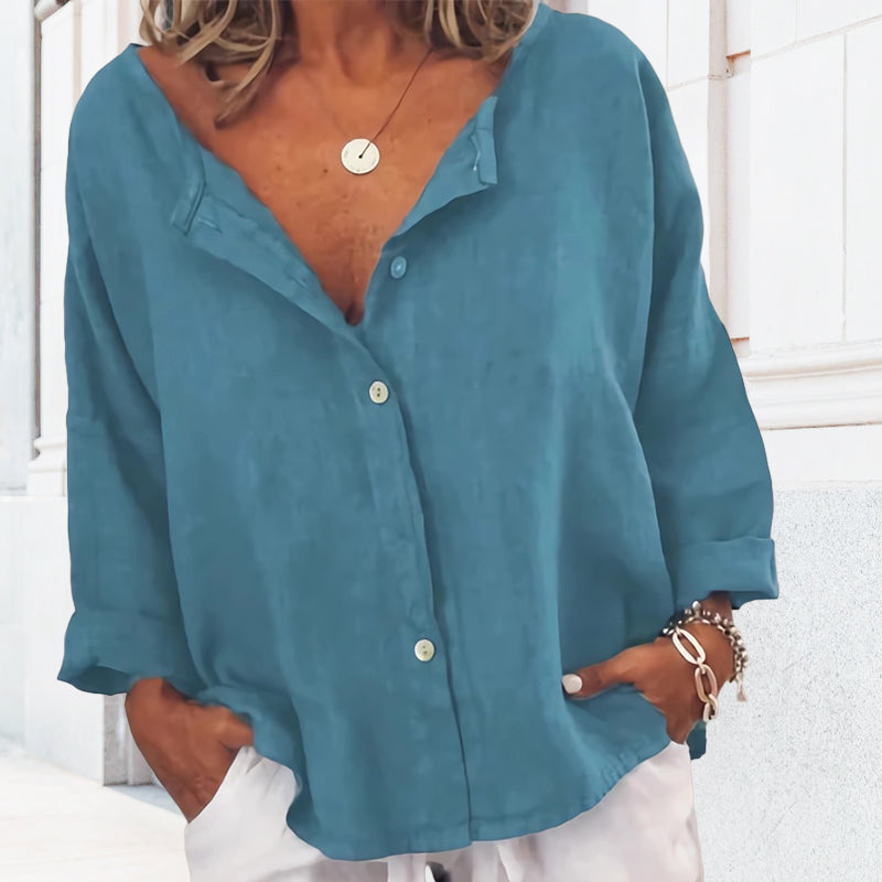 Plain Button Casual V-Neck Shirt