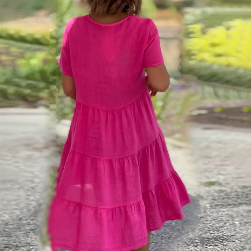 Plain Dress in Cotton Linen with V-neck
