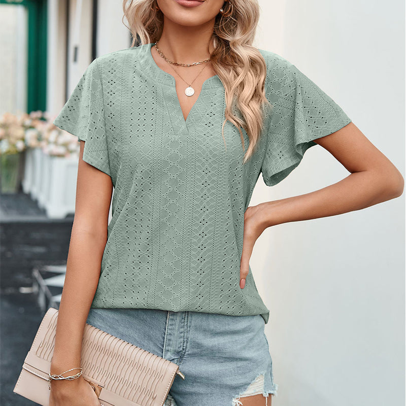 Lotus Leaf Sleeve V-neck Hollow Casual T-shirt