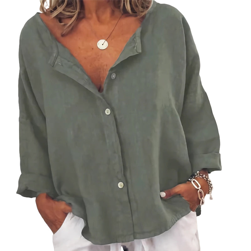 Plain Button Casual V-Neck Shirt