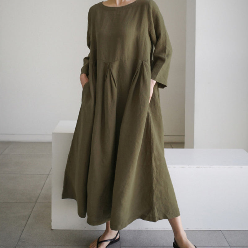 Cotton Linen Round Neck Solid Color Dress