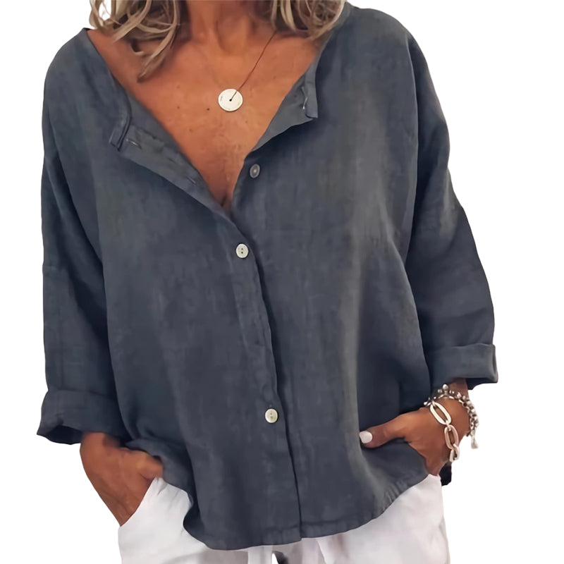 Plain Button Casual V-Neck Shirt