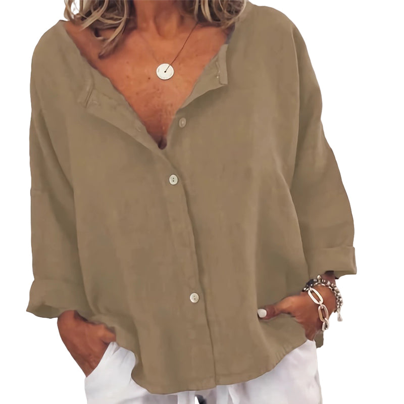 Plain Button Casual V-Neck Shirt