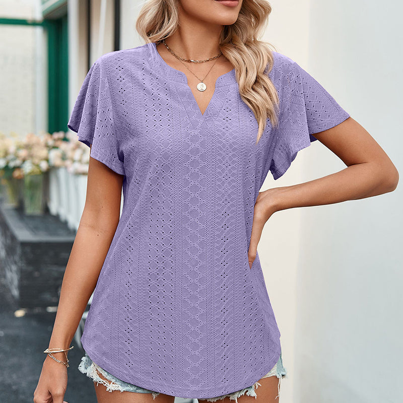 Lotus Leaf Sleeve V-neck Hollow Casual T-shirt