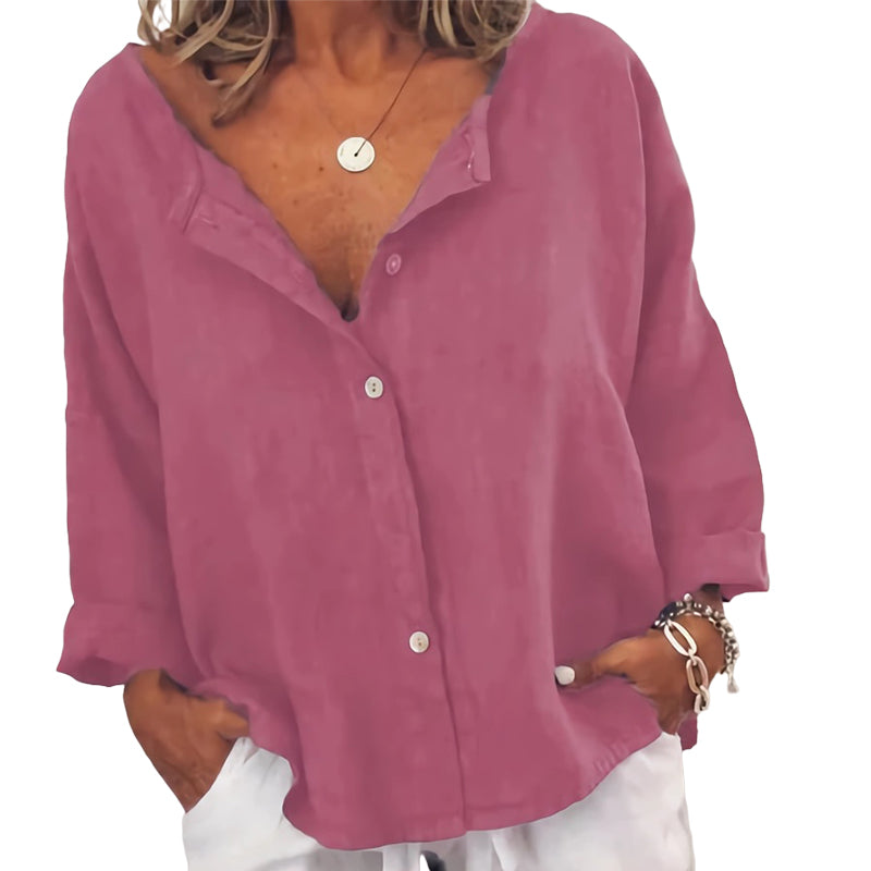 Plain Button Casual V-Neck Shirt