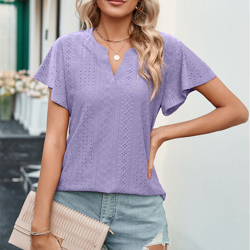 Lotus Leaf Sleeve V-neck Hollow Casual T-shirt
