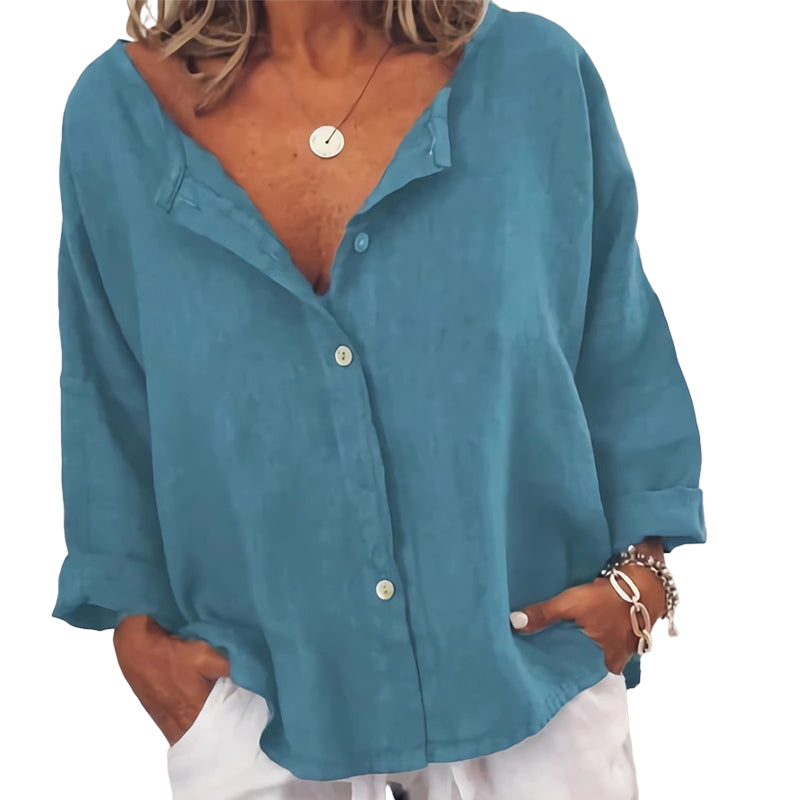 Plain Button Casual V-Neck Shirt