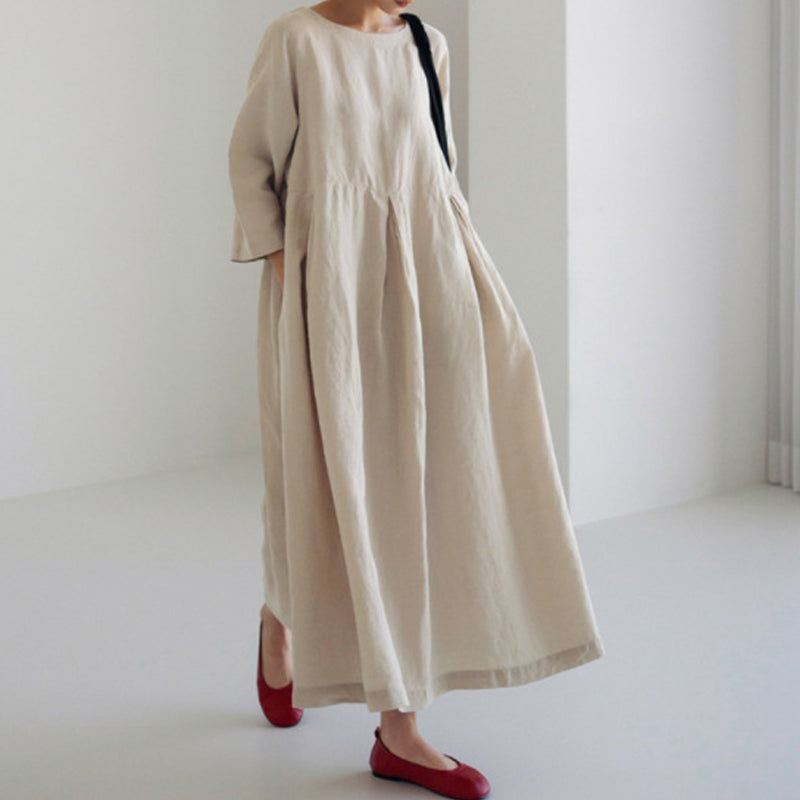 Cotton Linen Round Neck Solid Color Dress