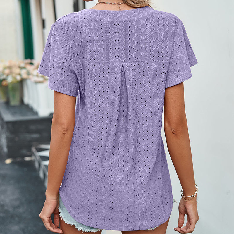 Lotus Leaf Sleeve V-neck Hollow Casual T-shirt