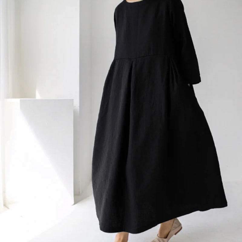 Cotton Linen Round Neck Solid Color Dress