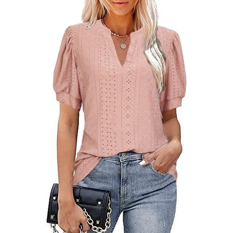 Hollow V-neck Casual T-shirt