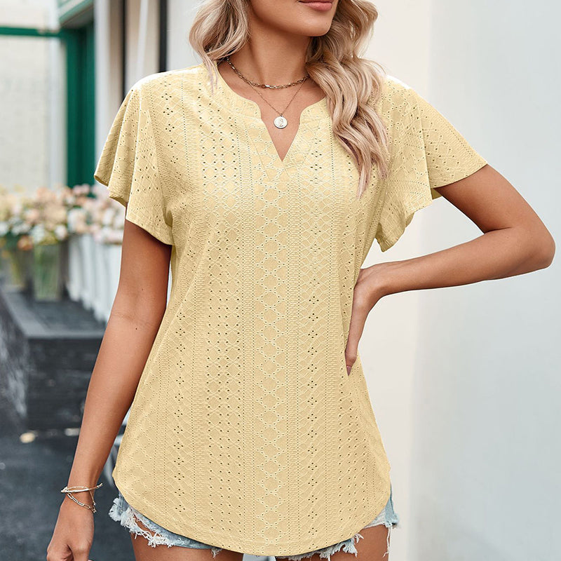 Lotus Leaf Sleeve V-neck Hollow Casual T-shirt
