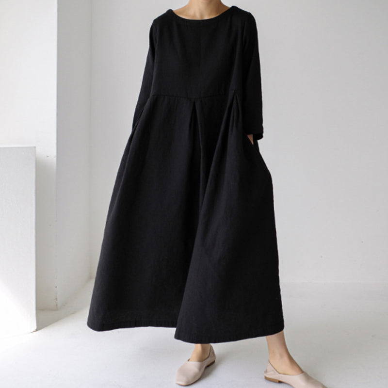 Cotton Linen Round Neck Solid Color Dress