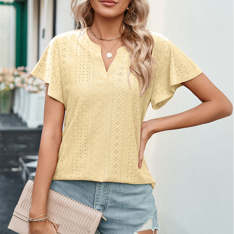 Lotus Leaf Sleeve V-neck Hollow Casual T-shirt