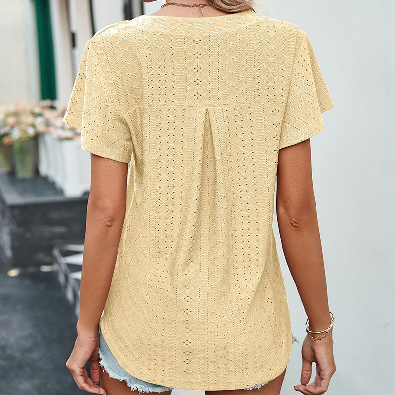 Lotus Leaf Sleeve V-neck Hollow Casual T-shirt