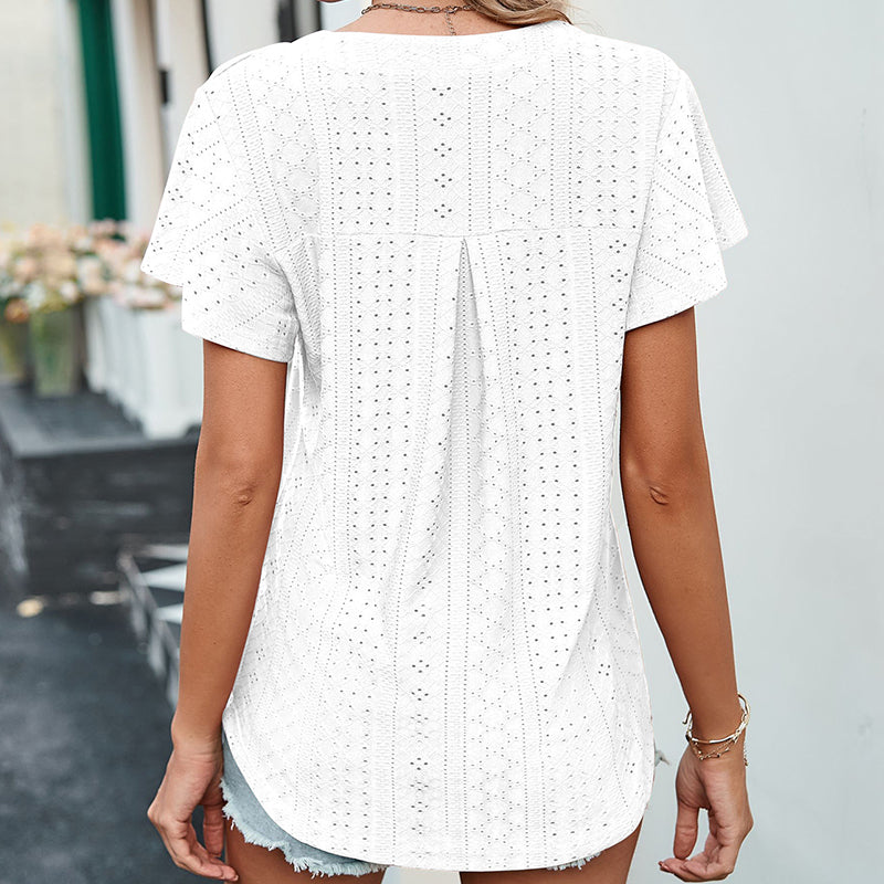 Lotus Leaf Sleeve V-neck Hollow Casual T-shirt