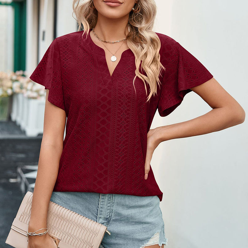 Lotus Leaf Sleeve V-neck Hollow Casual T-shirt