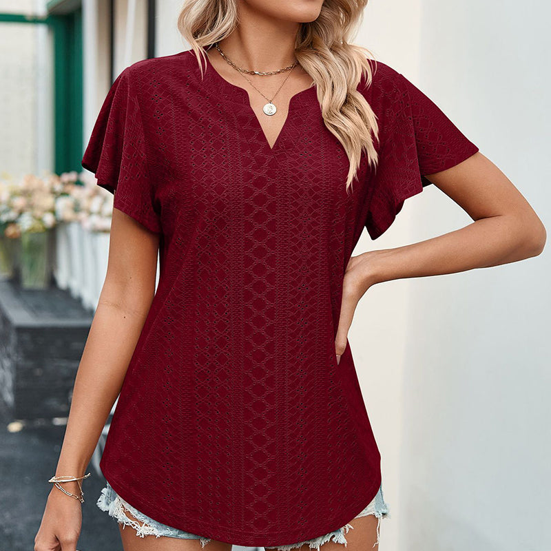 Lotus Leaf Sleeve V-neck Hollow Casual T-shirt