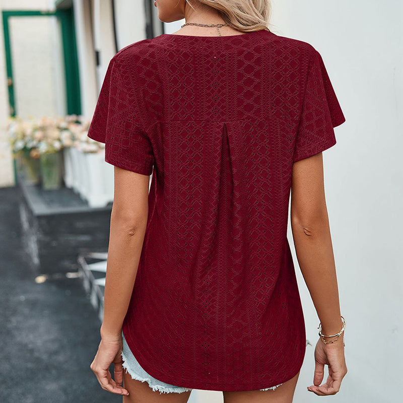 Lotus Leaf Sleeve V-neck Hollow Casual T-shirt