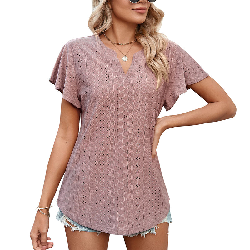 Lotus Leaf Sleeve V-neck Hollow Casual T-shirt