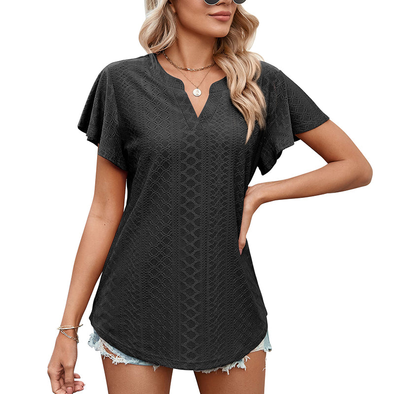 Lotus Leaf Sleeve V-neck Hollow Casual T-shirt