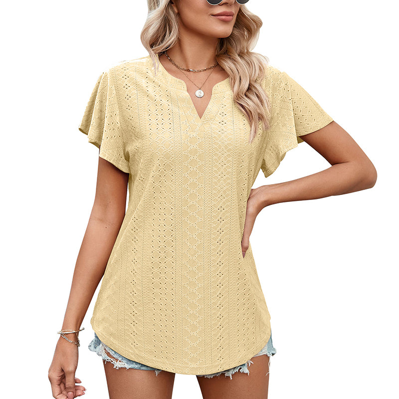 Lotus Leaf Sleeve V-neck Hollow Casual T-shirt
