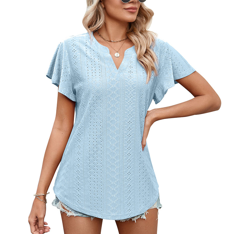 Lotus Leaf Sleeve V-neck Hollow Casual T-shirt
