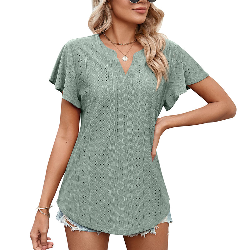 Lotus Leaf Sleeve V-neck Hollow Casual T-shirt