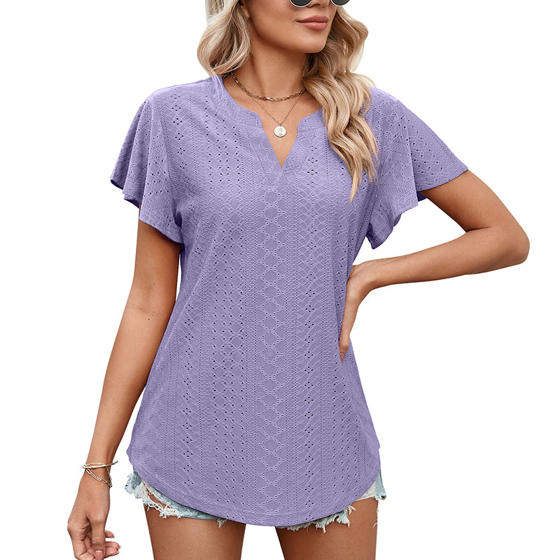 Lotus Leaf Sleeve V-neck Hollow Casual T-shirt
