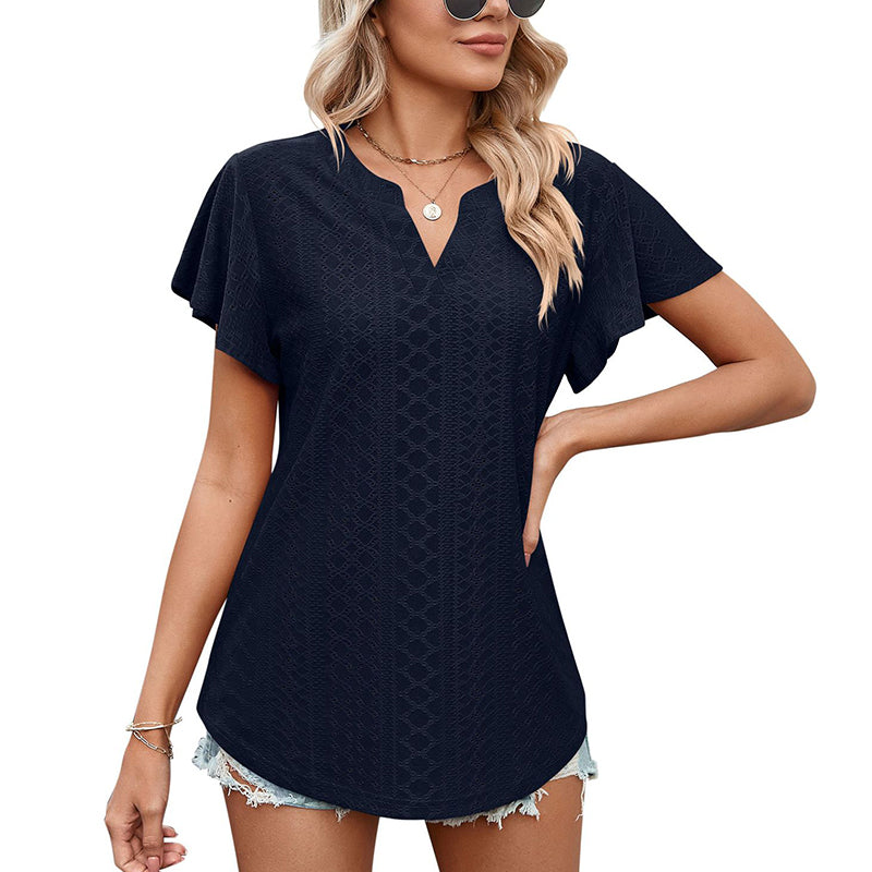 Lotus Leaf Sleeve V-neck Hollow Casual T-shirt