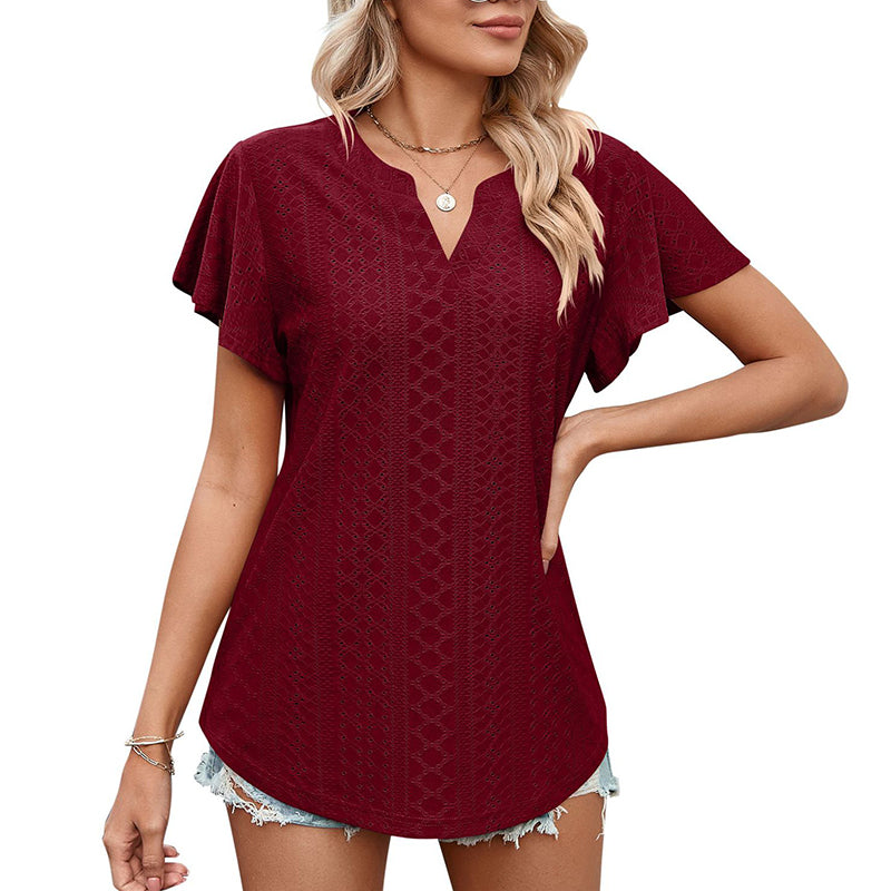 Lotus Leaf Sleeve V-neck Hollow Casual T-shirt