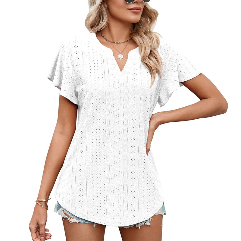 Lotus Leaf Sleeve V-neck Hollow Casual T-shirt