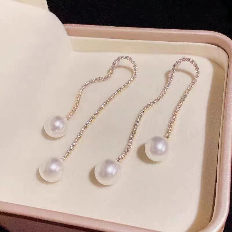 Diamond Tassel Pearl Earrings