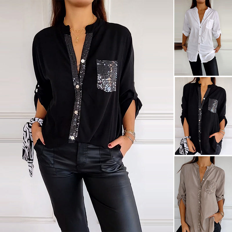 Relaxed button-up sequin paneled top