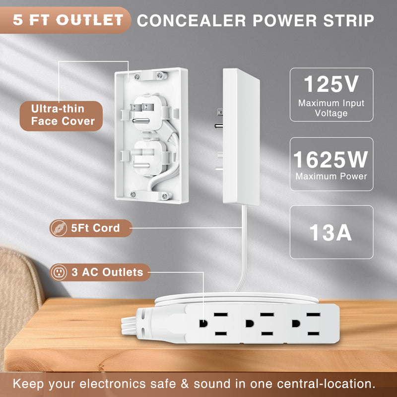 Thin Outlet Concealer with 3AC Outlets-5ft Flat Plug Extension Cord,Universal Size,1625W for Kitchen, Home and Office,Child & Pet Safe(Single 5 Foot)