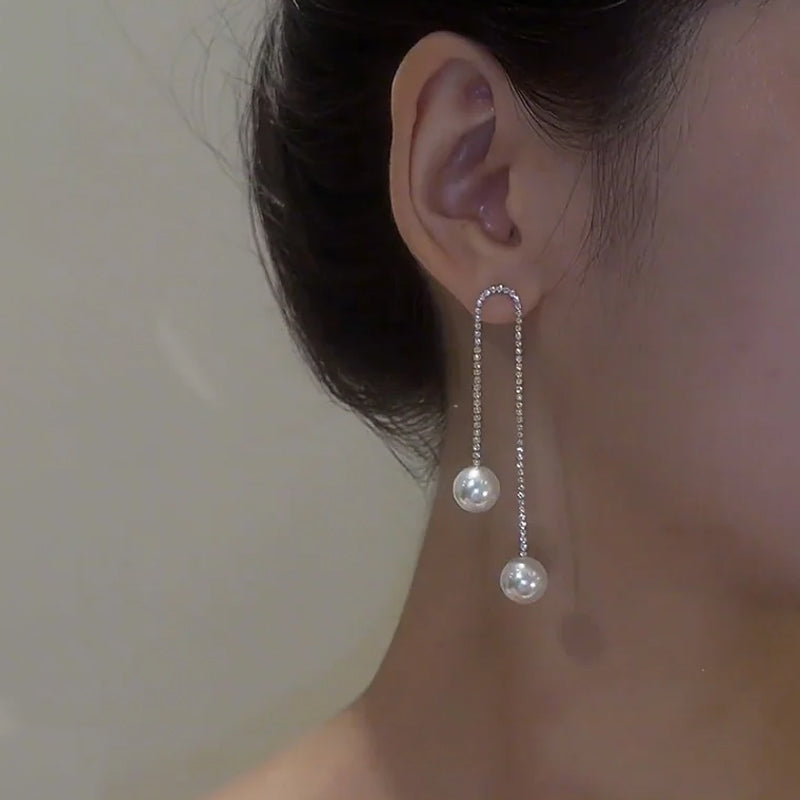 Diamond Tassel Pearl Earrings