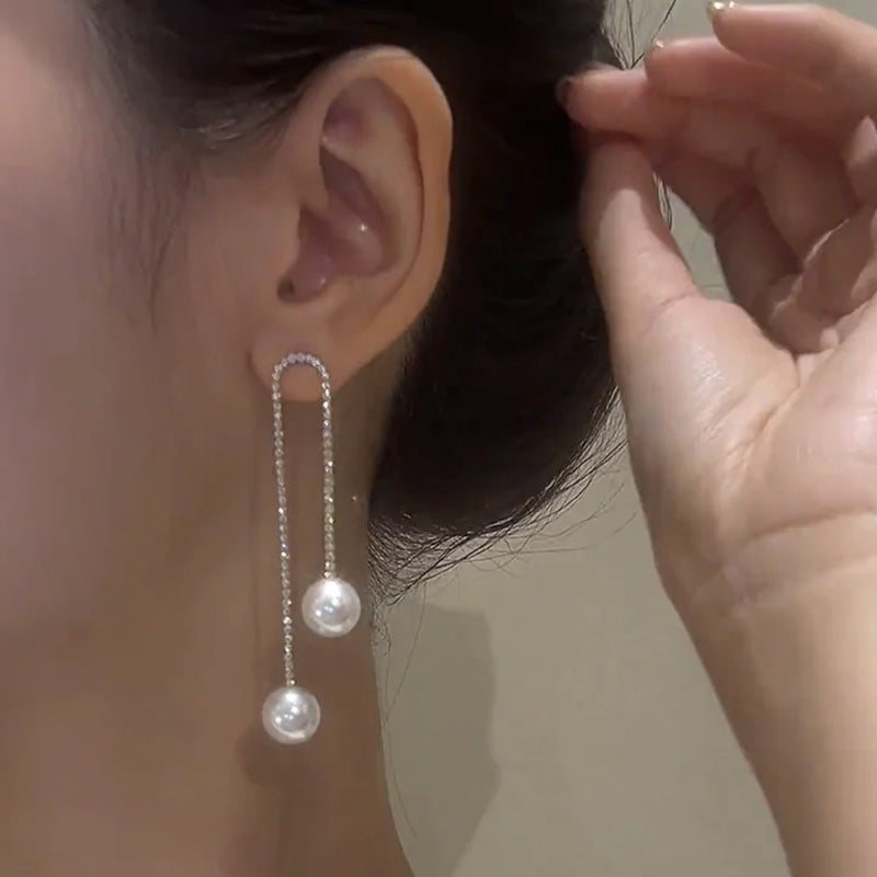 Diamond Tassel Pearl Earrings
