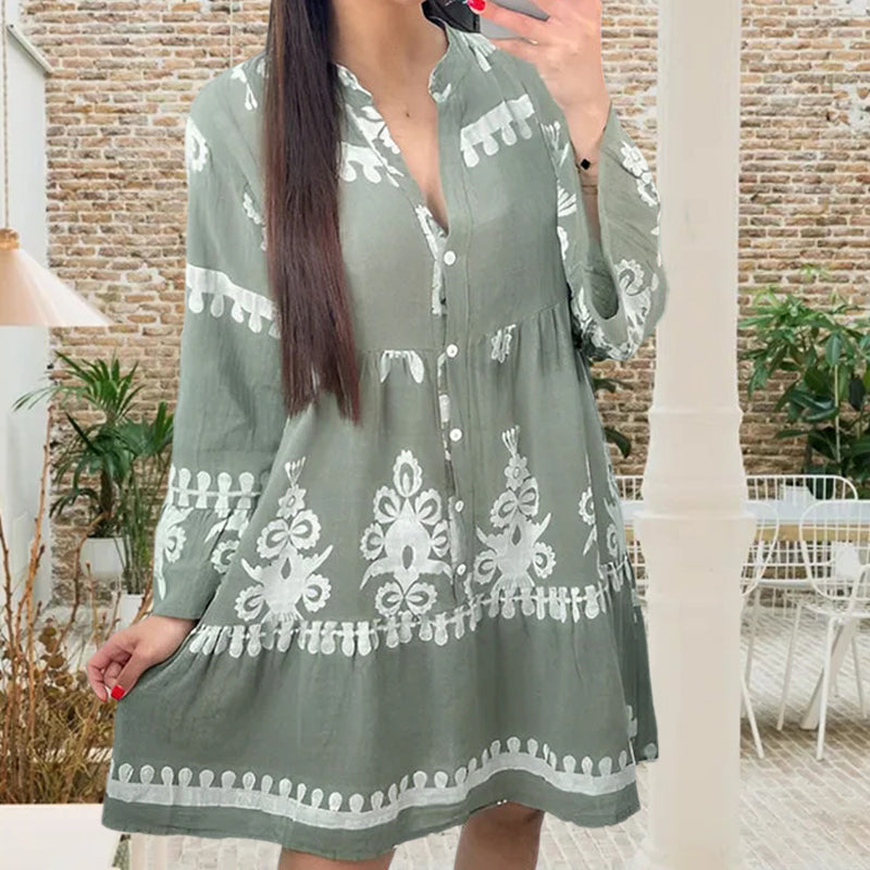 V Neck Button-Down Babydoll Dress