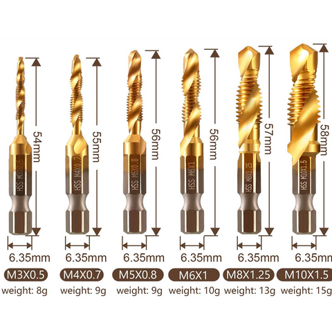 6 Piece Hexagon Shank Metric Composite Tap White Drill/Titanium Plated