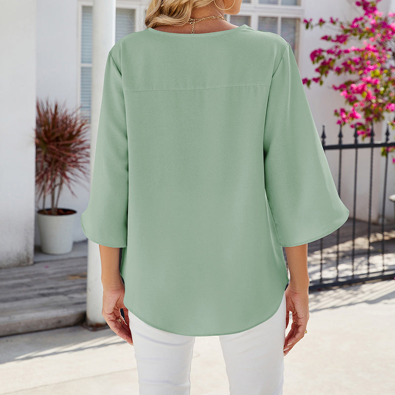 Solid Color V-Neck Mid-Sleeve Chiffon Shirt