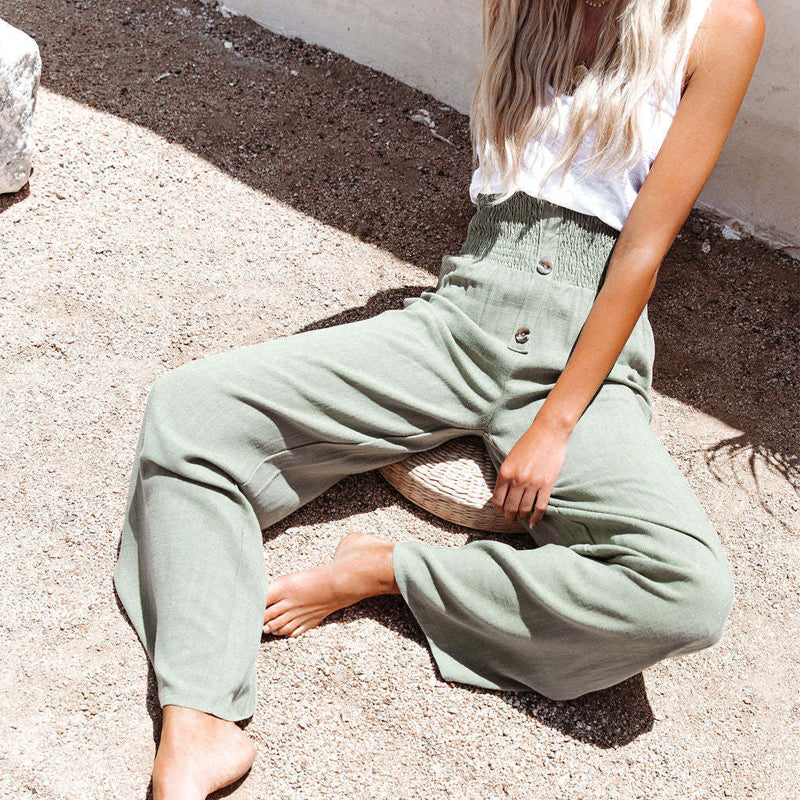 Breezy Linen Blend High-Waist Smocked Trousers