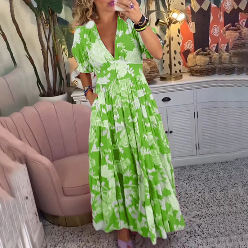 Floral Pattern Pocket Dress with V-neckline