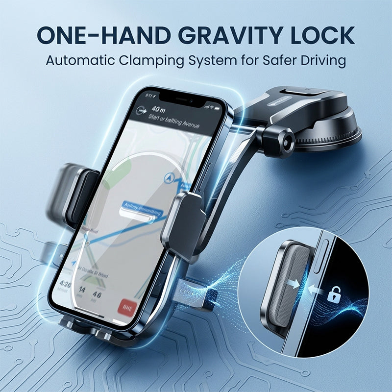 Gravity-linkage suction cup phone holder