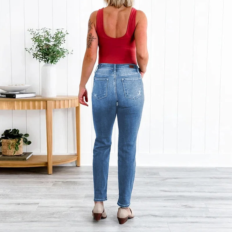 Torn Hole Mid-Waist Calf Pants