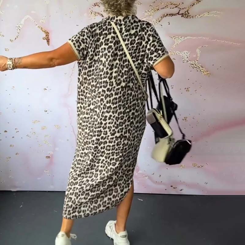 V-neck Short Sleeve Leopard Print Dress