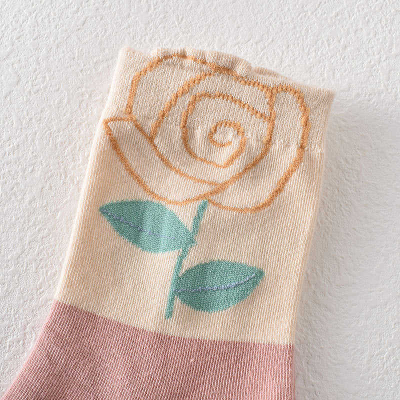 Women's Pink Floral Cotton Socks(5 pairs)
