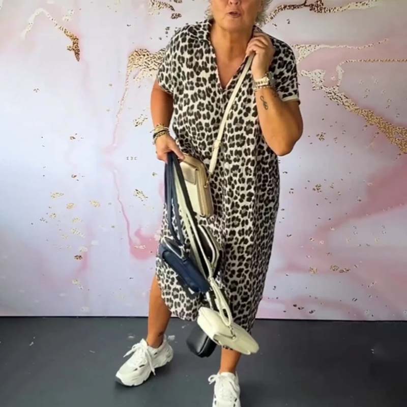 V-neck Short Sleeve Leopard Print Dress