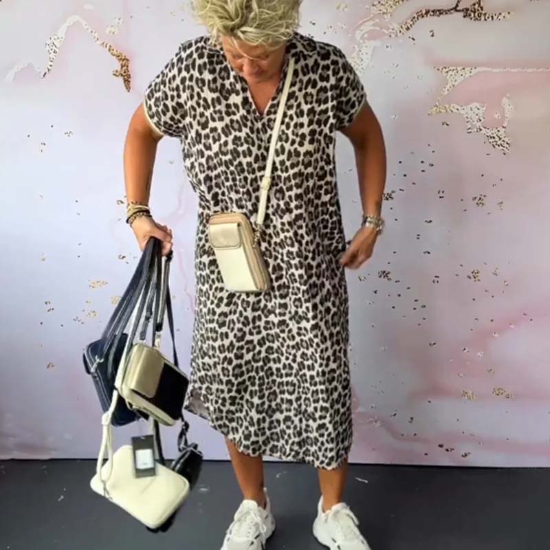 V-neck Short Sleeve Leopard Print Dress